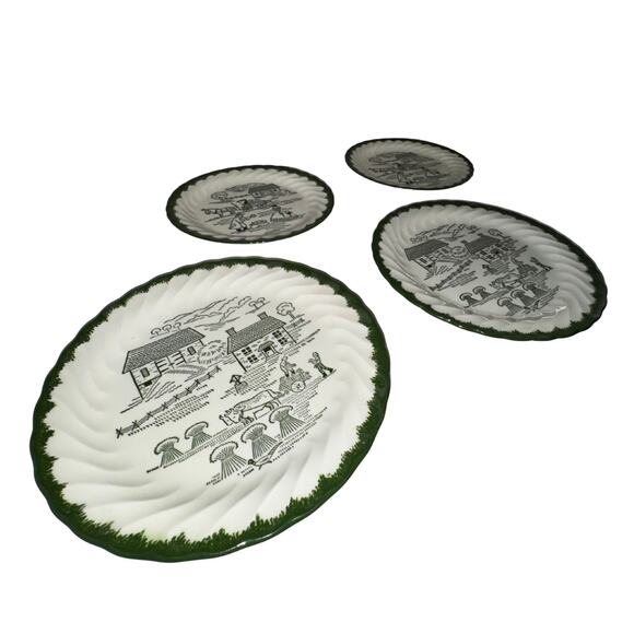 oyal China Underglaze Green Farm Scene Plates – Set of 4 – Vintage Cottagecore - Picture 7 of 10
